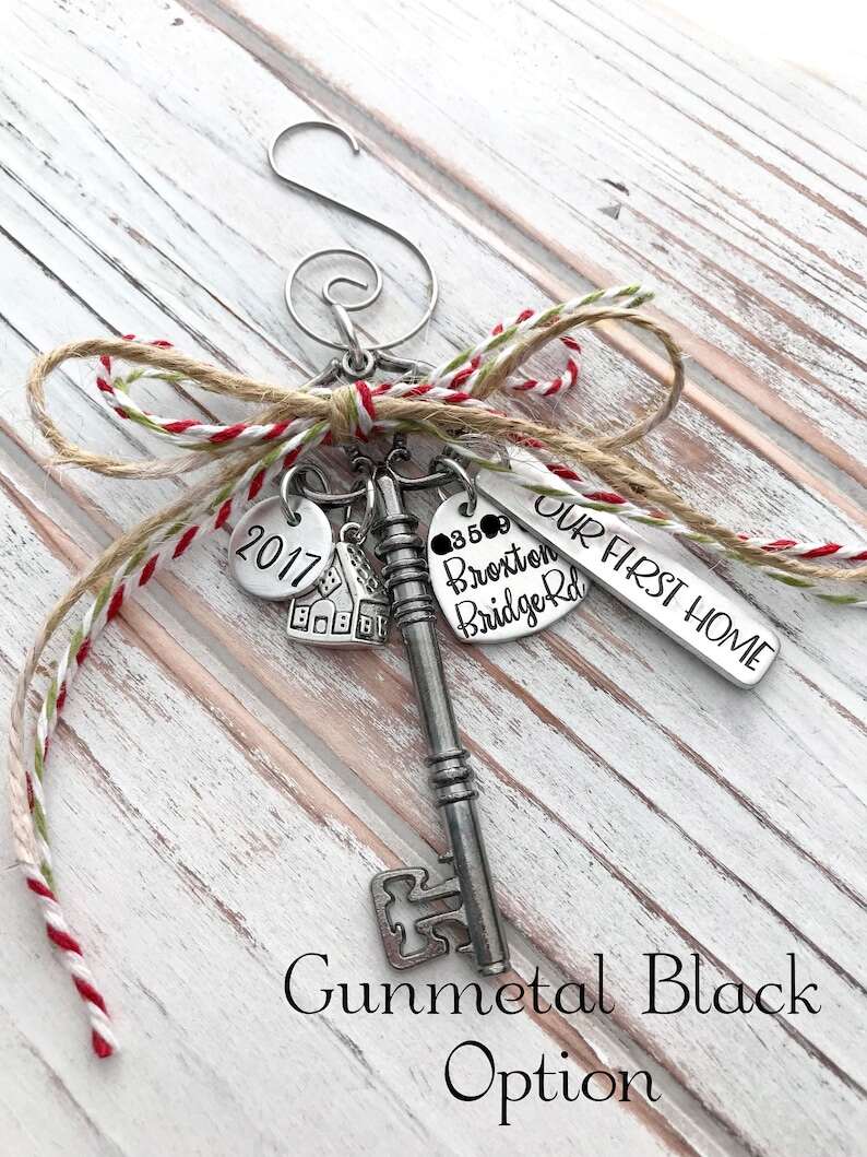 Home Sweet Home - Custom Christmas Ornament - House - Family - Housewarming Gift - First - New Home - Hand Stamped - Bronze Skeleton Key