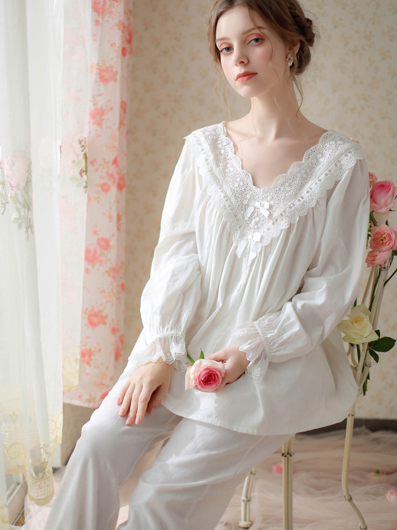 Elegant V Neck Loose Cotton Long Sleeve Pajama Set