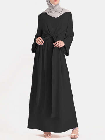 Women Casual Dresses | Solid Color Knotted Long Sleeve Maxi Muslim Dress - QV85996