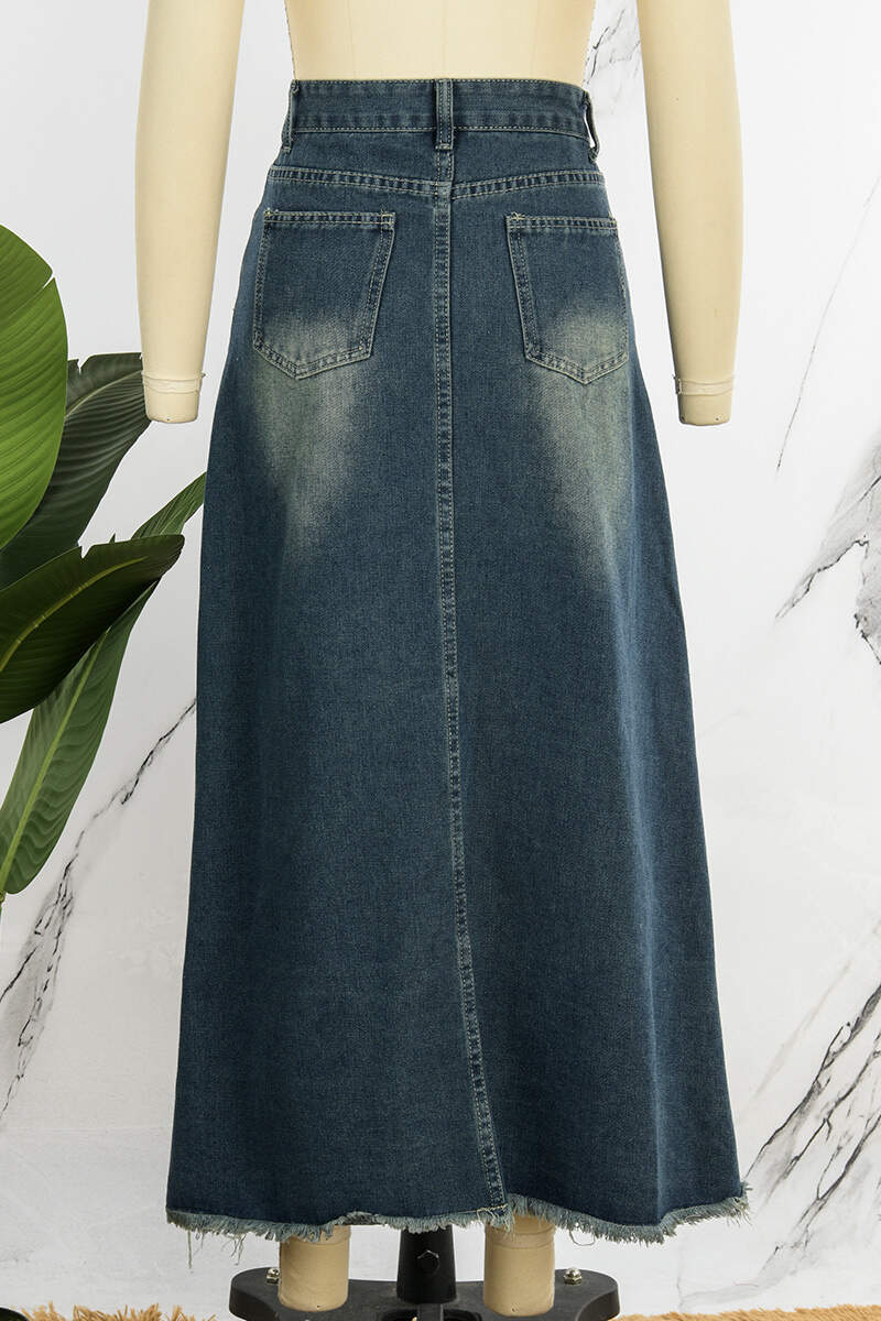 Blue Casual Solid Patchwork High Waist Regular Denim Skirts