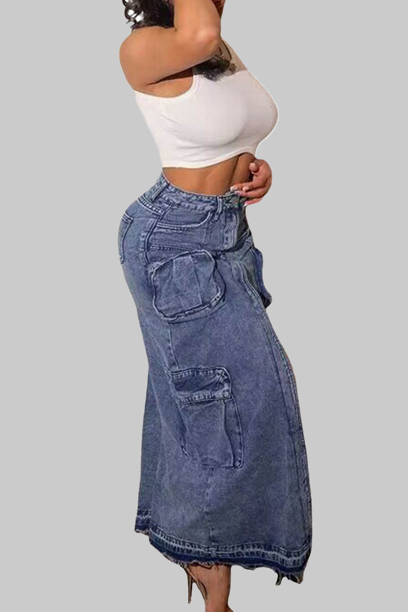 Black Street Solid Patchwork Pocket Buttons High Opening Zipper Mid Waist Straight Denim Skirts