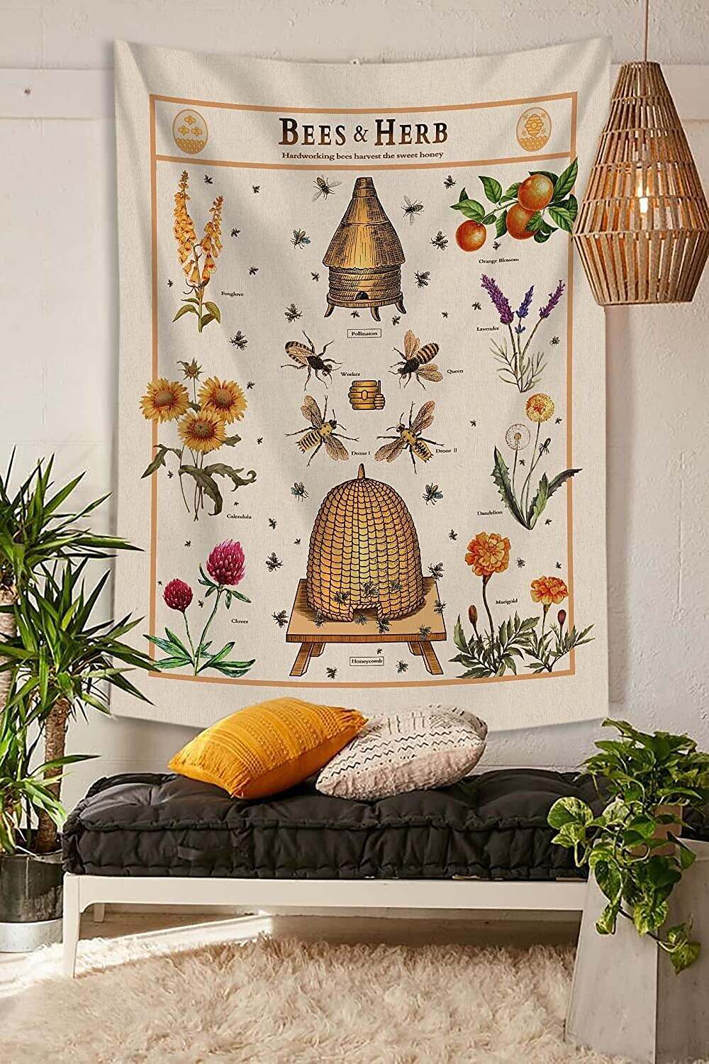 Bee Floral Wall Tapestry Art Decor Wall Hanging Farmhouse Plant