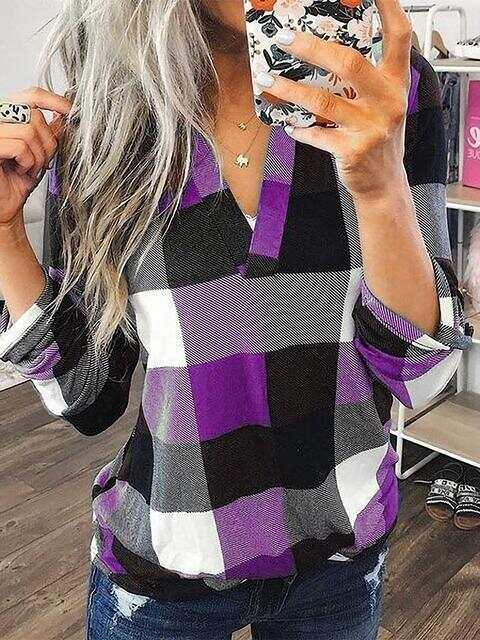 Long Sleeve Plaid Print V-neck Tops