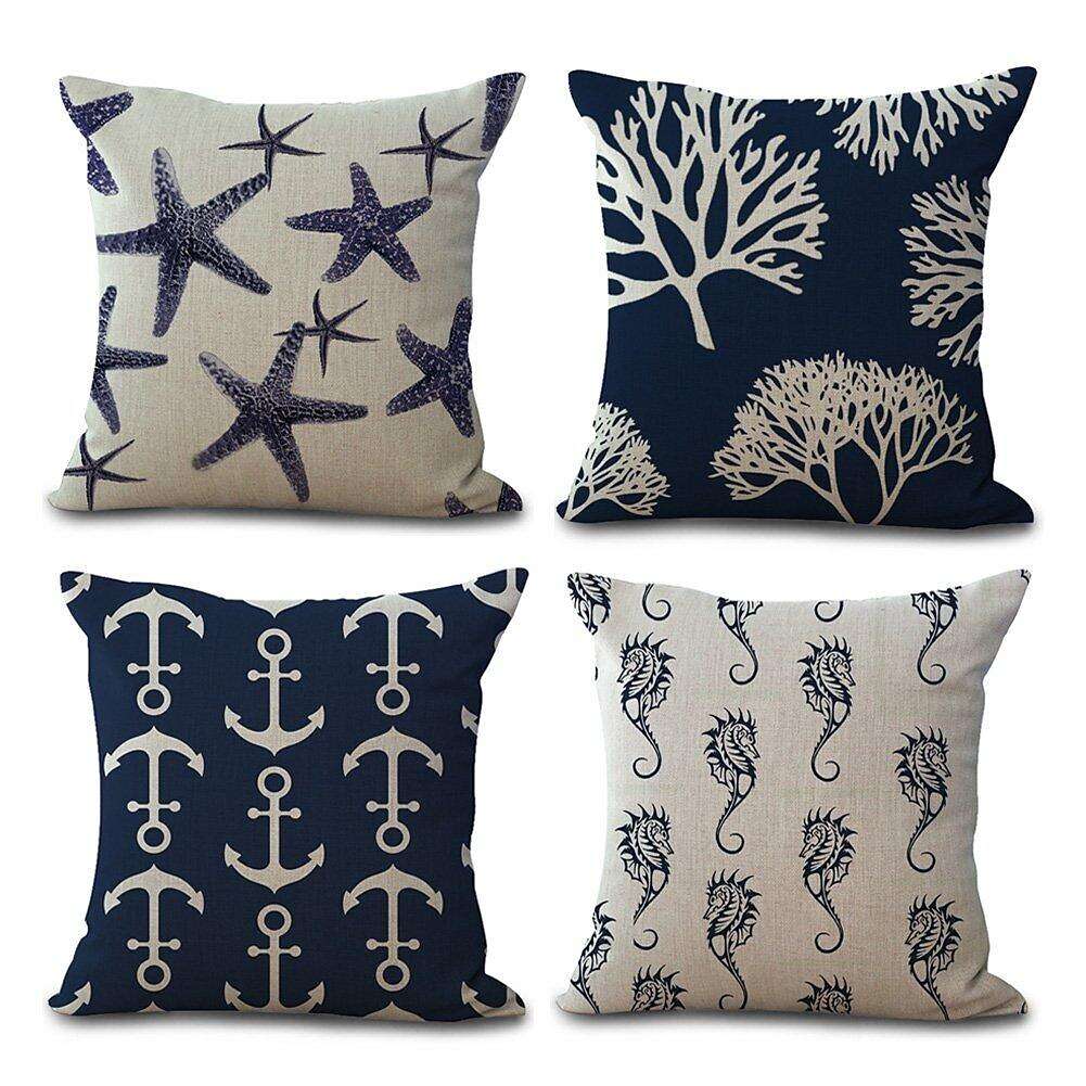 Ocean Theme Double Side Pillow Cover 4PC Soft Decorative Square Cushion Case Pillowcase for Bedroom Livingroom Sofa Couch Chair