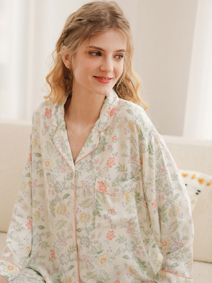 Elegant V Neck Floral Loose Long Sleeve Pajama Set