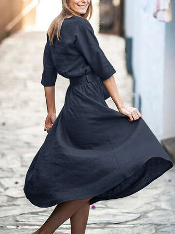 Women Vintage Dresses | Solid Pocket Crew Neck Half Sleeve Dress With Belt - XF29598