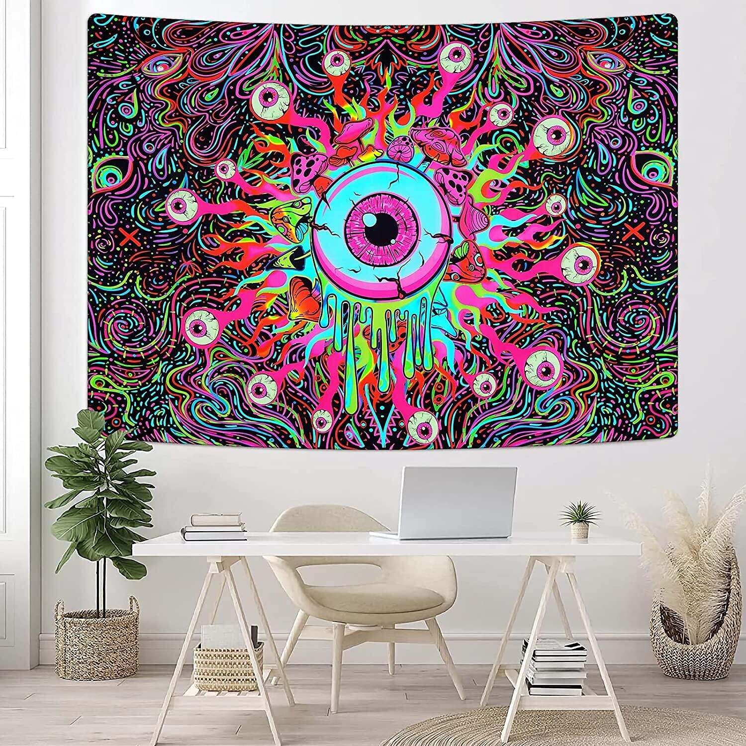 Blacklight Tapestry UV Reactive Trippy Creepy Eyes Wall Hanging