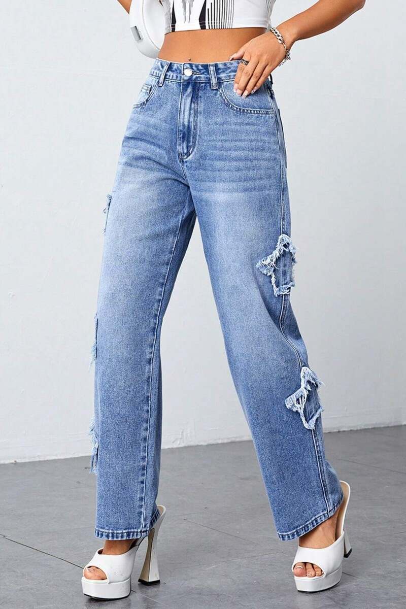 Blue Casual Solid Patchwork High Waist Straight Denim Jeans