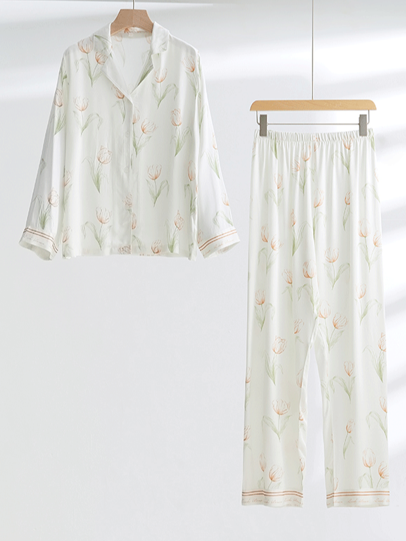 Regular Fit V Neck Floral Casual Long Sleeve Pajama Set