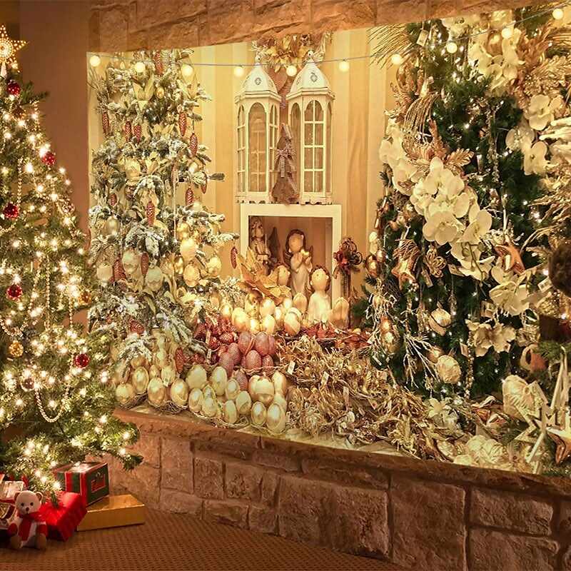 Christmas Decor LED Lights Wall Tapestry Santa Claus Christmas Tree Print