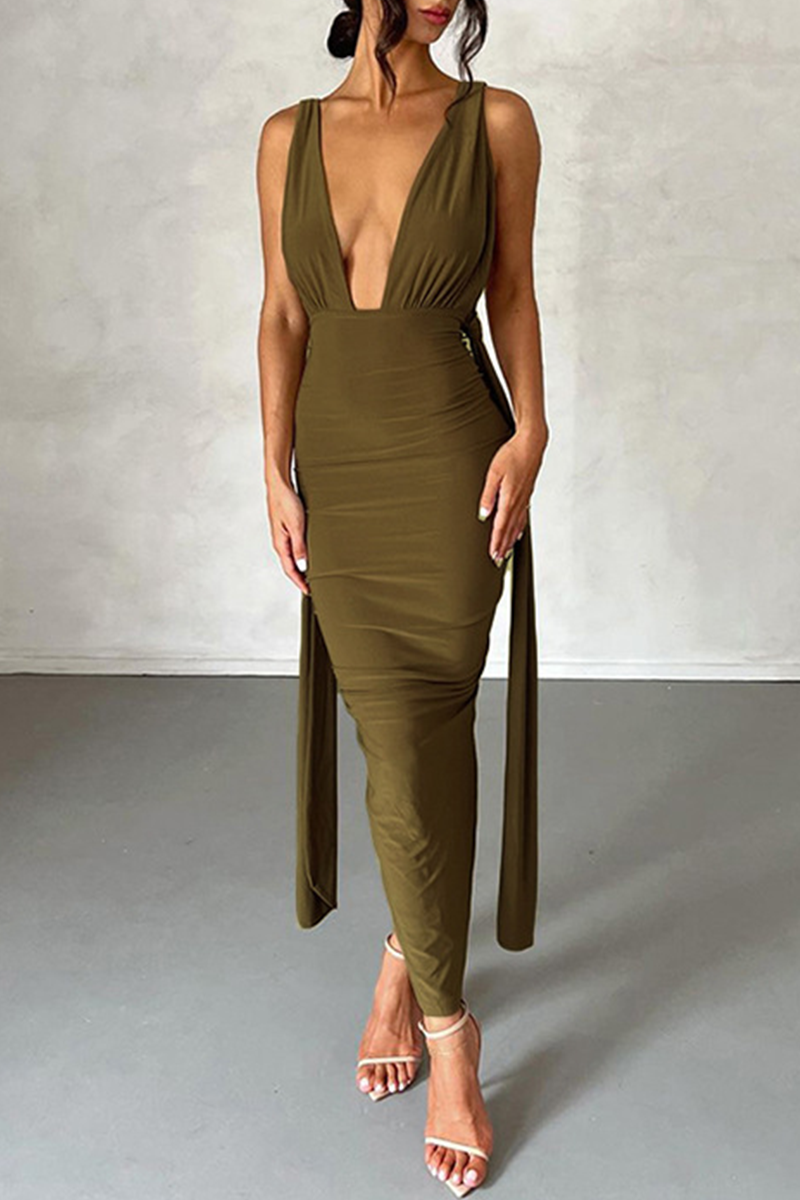 Dark Green Sexy Solid Backless Slit Fold V Neck Wrapped Skirt Dresses