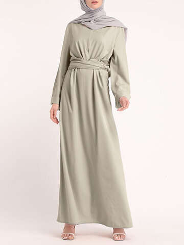 Women Casual Dresses | Solid Color Knotted Long Sleeve Maxi Muslim Dress - QV85996