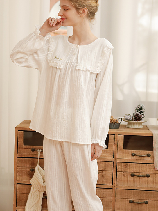 Regular Short/Long Sleeve Regular Fit Casual Plain Cotton Pajama Set