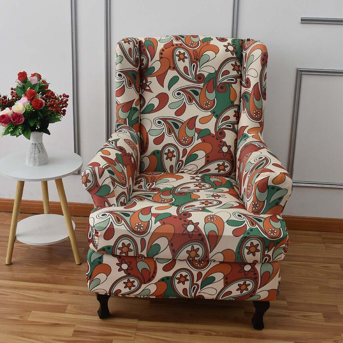 Stretch Wingback Chair Cover Geometric Pattern