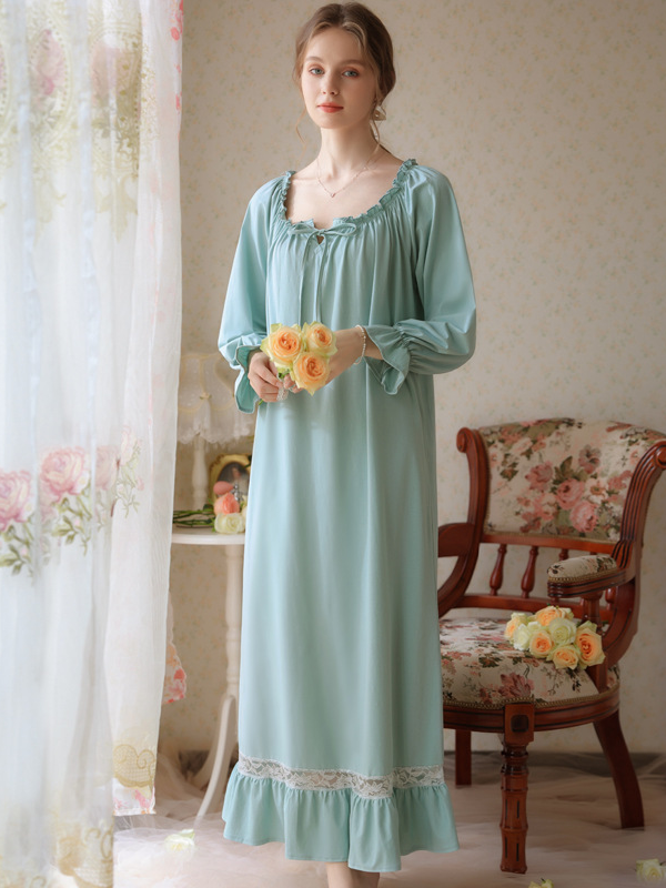 Vacation Flare Sleeve Cotton Crew Neck Plain Nightdress