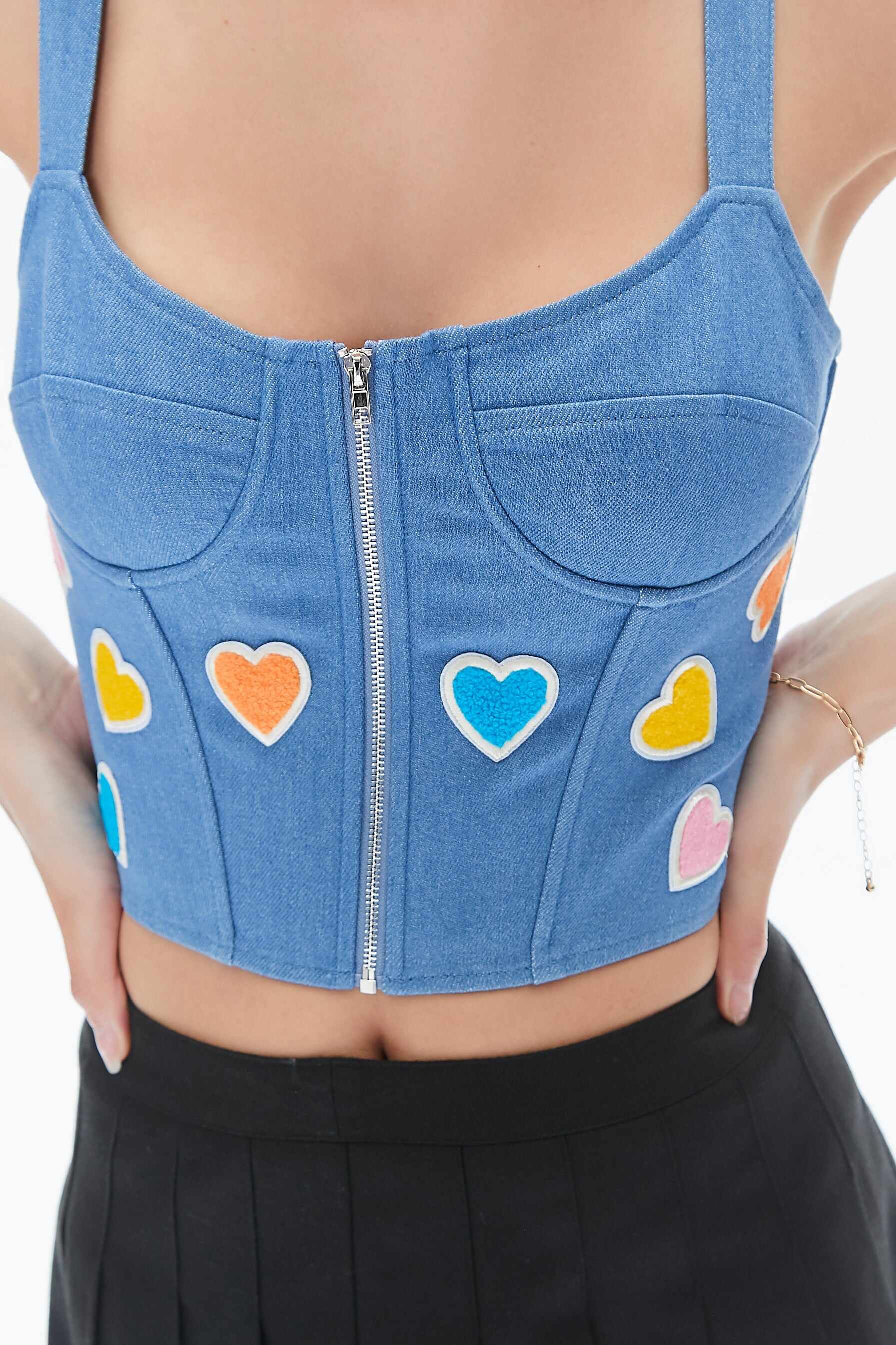 Women Apparel | Heart Graphic Denim Bustier Crop Top Denim Blue Forever21 - WN34952