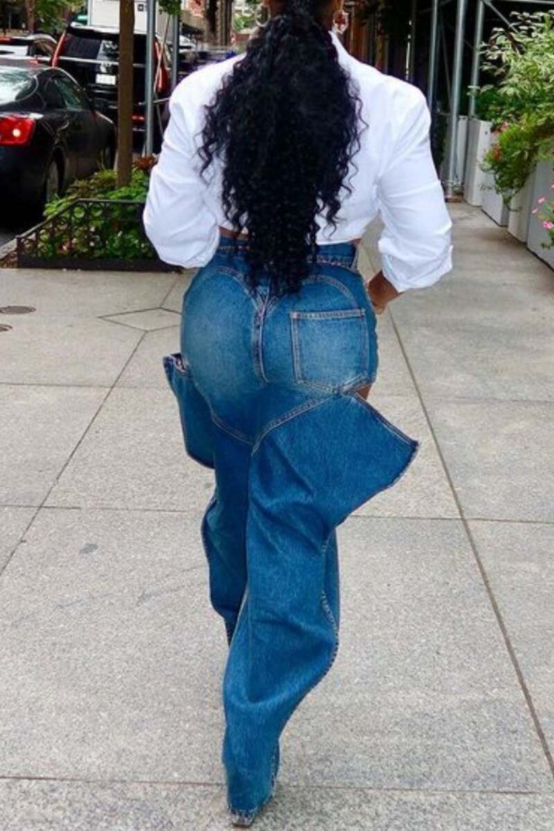 Sky Blue Casual Solid Hollowed Out High Waist Regular Denim Jeans