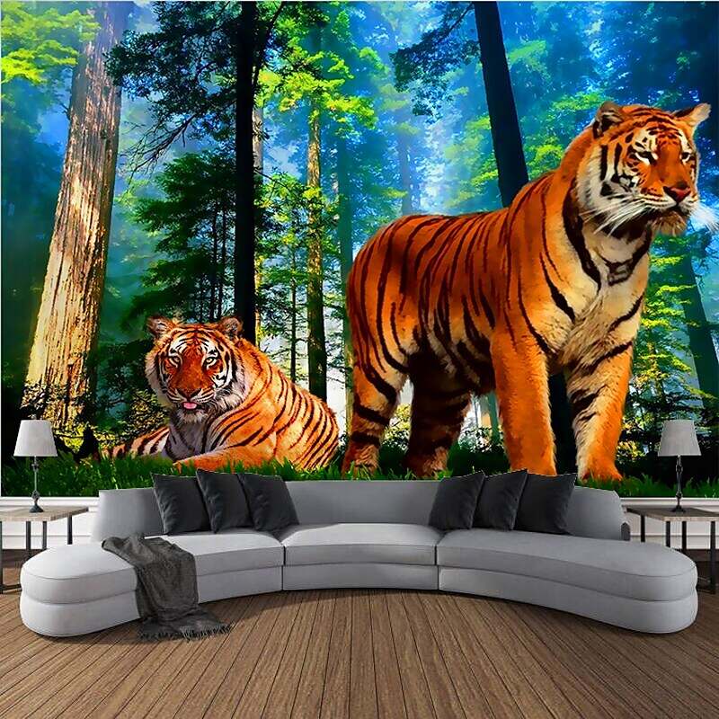 Forest Wildlife Tiger Scenery Wall Tapestry Art Decoration Blanket Curtain Hanging Home Bedroom Living Room Decoration