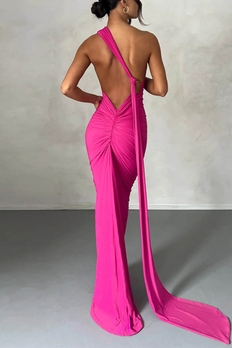 Rose Red Sexy Solid Backless Oblique Collar Long Dress Dresses