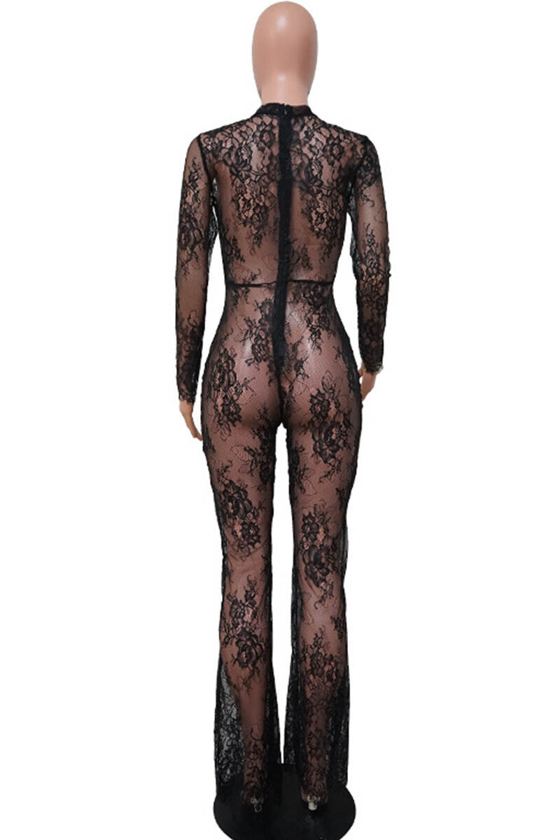 Black Sexy Solid Lace Patchwork O Neck Regular Jumpsuits