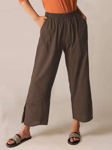 Women Plus Size Pants & Capris | Casual Solid Color Elastic Waist Plus Size Pants With Pockets - NM17542