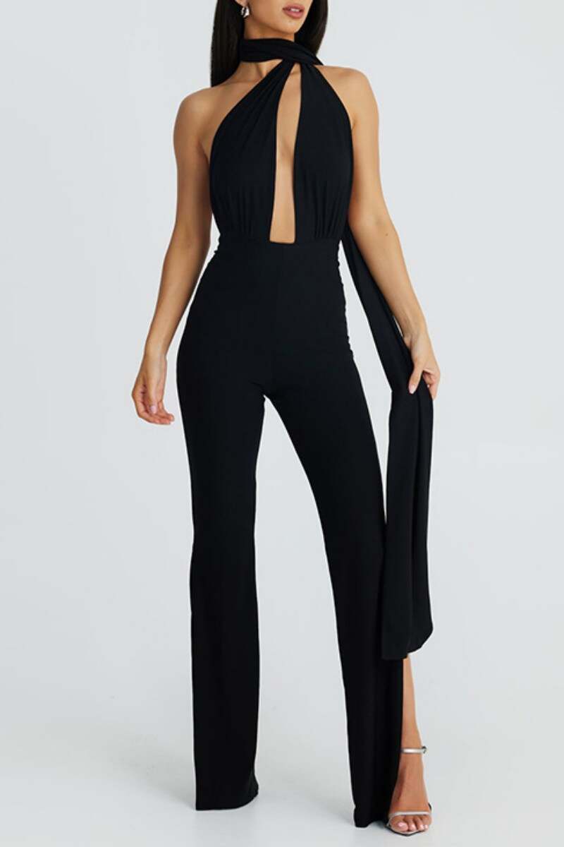 Black Sexy Solid Hollowed Out Backless Slit Halter Skinny Jumpsuits