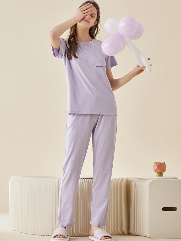 Simple Plain Loose Crew Neck Short Sleeve Pajama Set