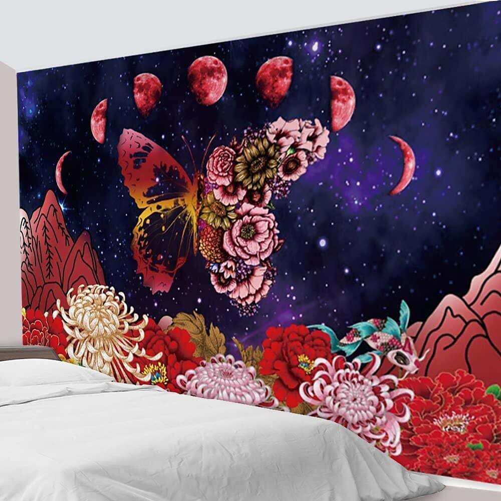 Trippy Wall Tapestry Art Decor Moon Phase Butterfly Flower Wall Hanging