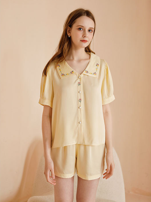 Loose Shawl Collar Vacation Plain Short Sleeve Pajama Set