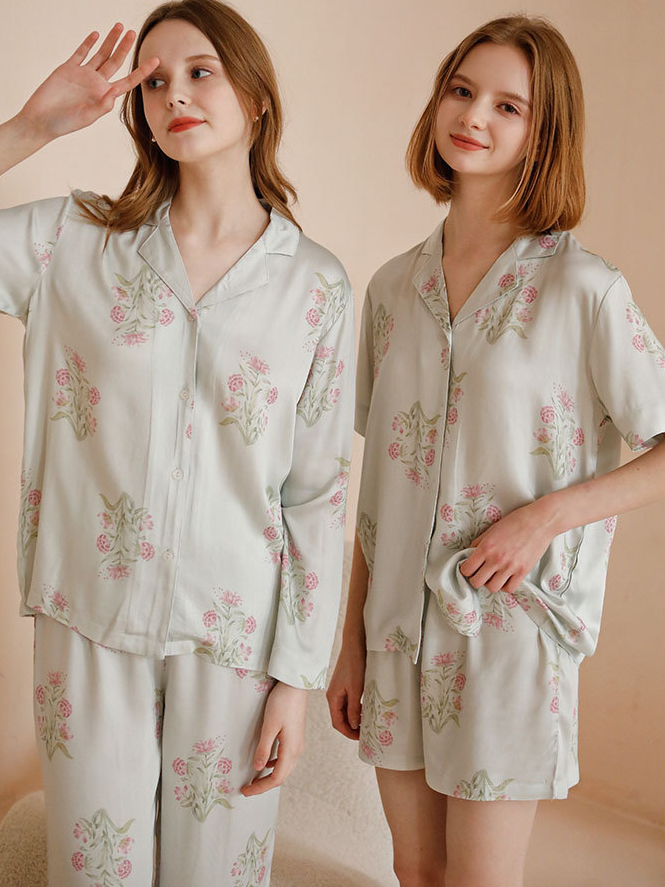 Floral Regular Fit V Neck Casual Long Sleeve Pajama Set