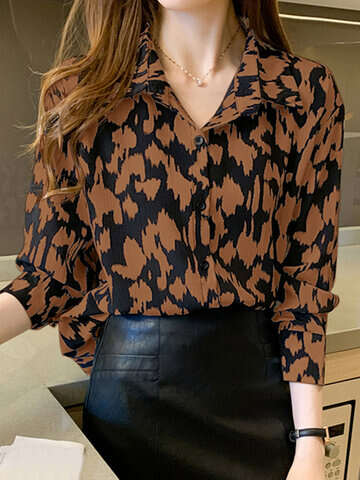 Women Blouses & Shirts | Women Print Long Sleeve Lapel Button Front Shirt - YP98412