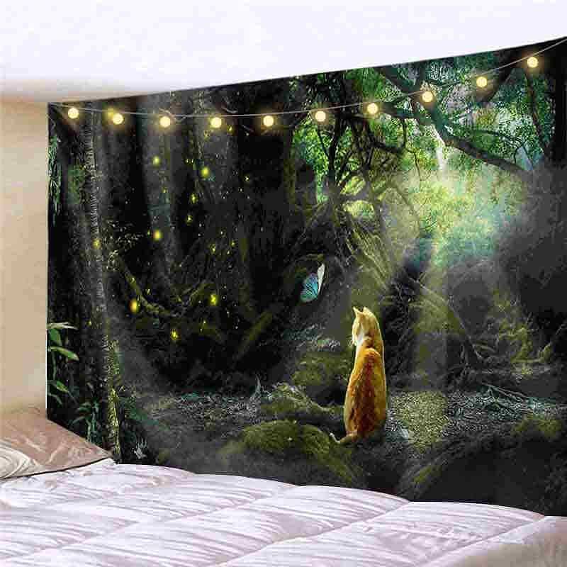 Landscape LED Lights Wall Tapestry Art Decor Forest Tree Print