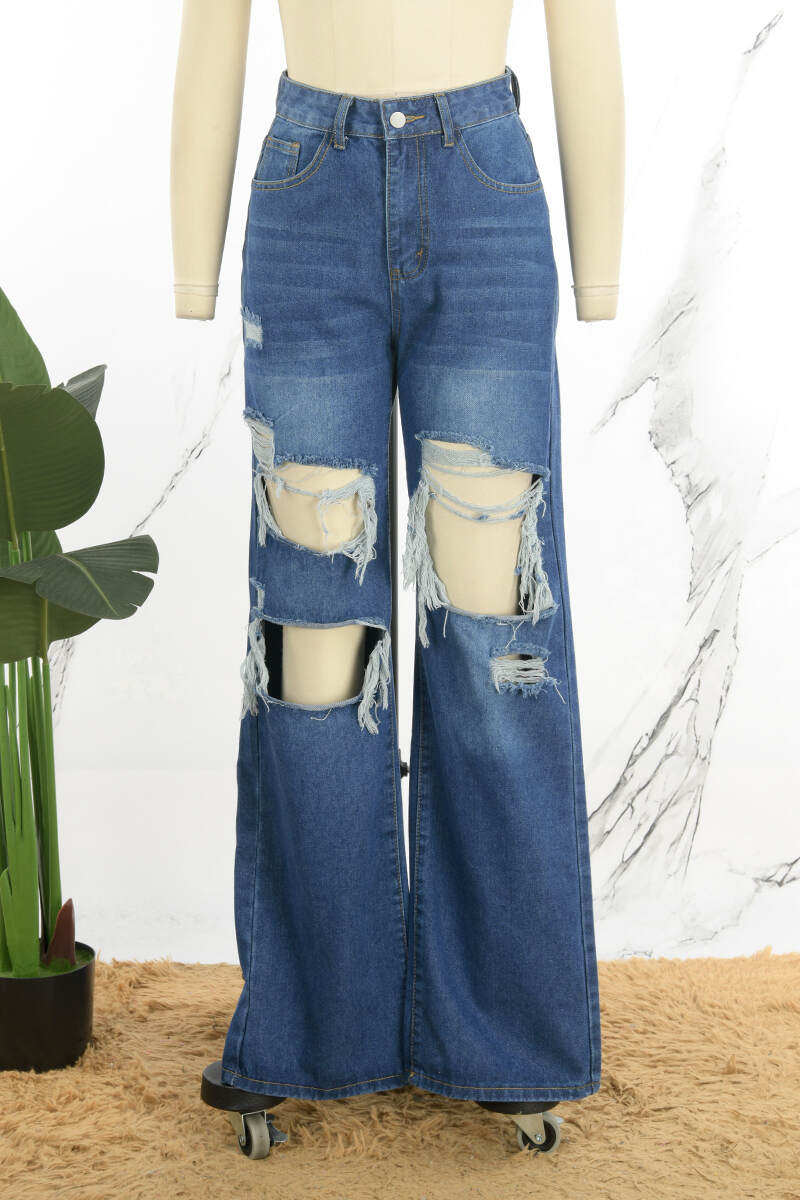 Blue Casual Solid Ripped High Waist Skinny Denim Jeans