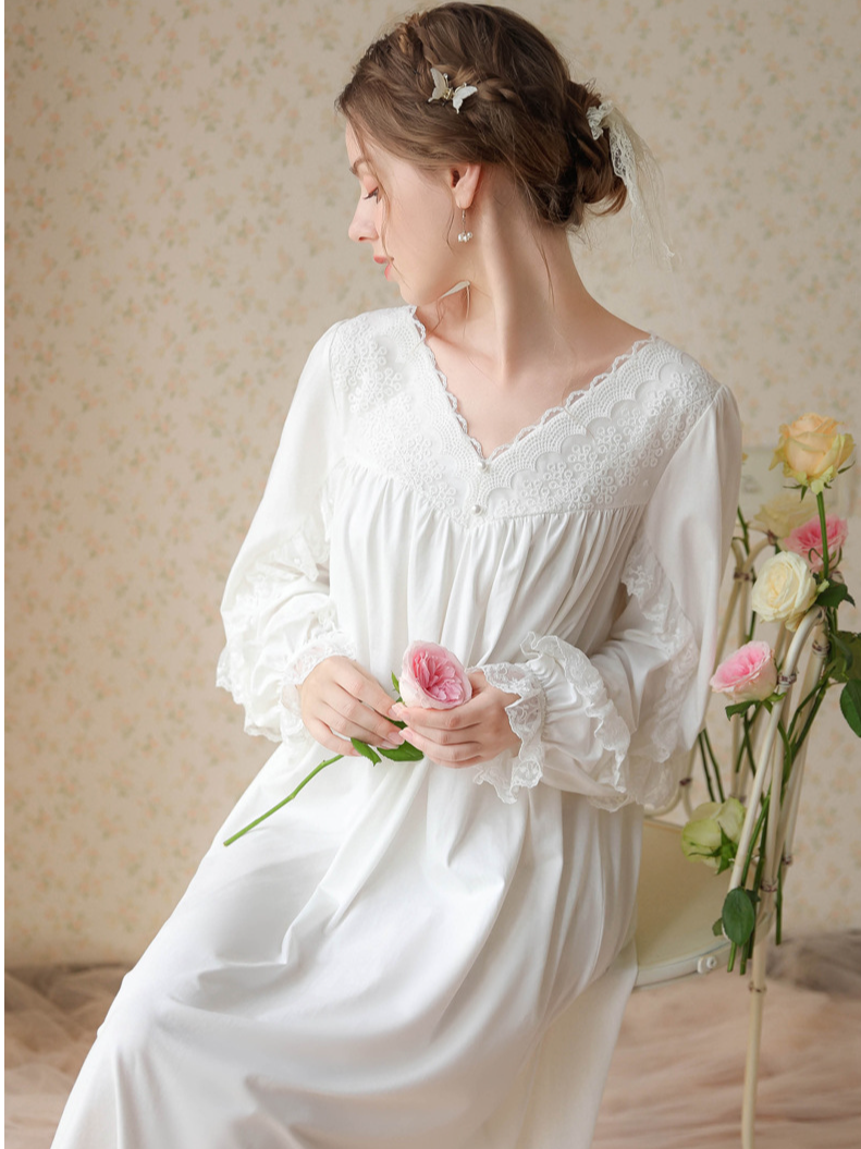 Vacation Cotton Lace V Neck Nightdress