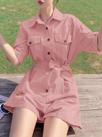 Women Jumpsuits & Rompers | Solid Button Pocket Lapel Short Sleeve Cargo Romper With Belt - VV77153
