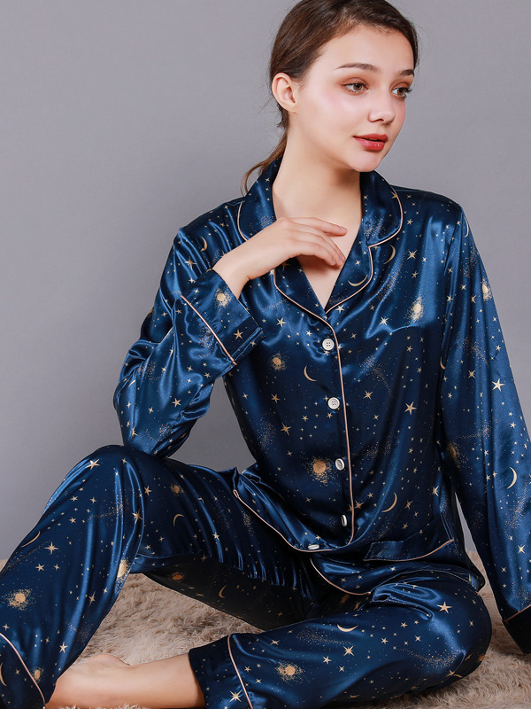 Ice Silk Starry Sky Casual V Neck Long Sleeve Couple Pajama Set