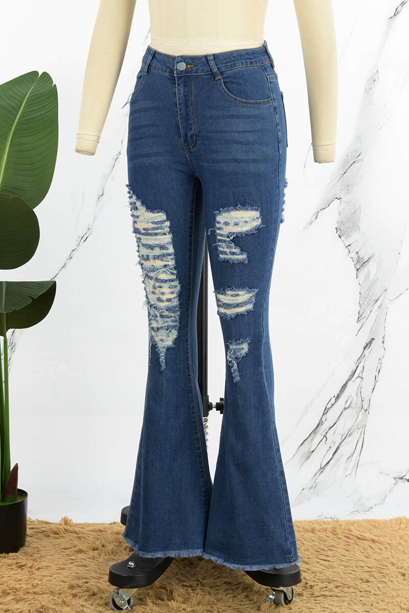 Dark Blue Casual Solid Ripped High Waist Boot Cut Denim Jeans