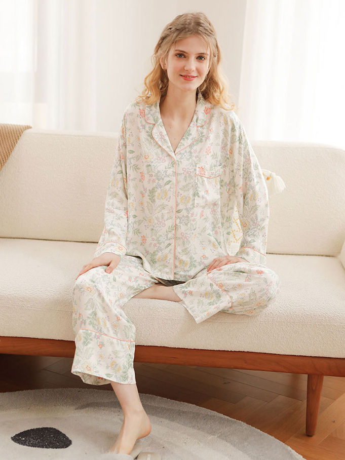 Elegant V Neck Floral Loose Long Sleeve Pajama Set