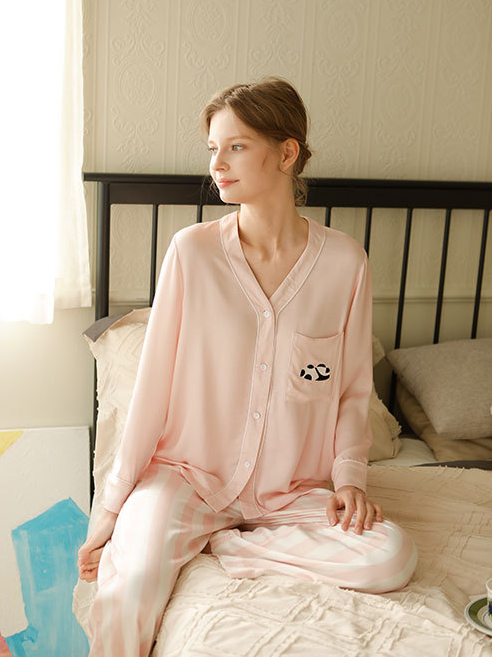 Plain V Neck Casual Regular Fit Long Sleeve Pajama Set