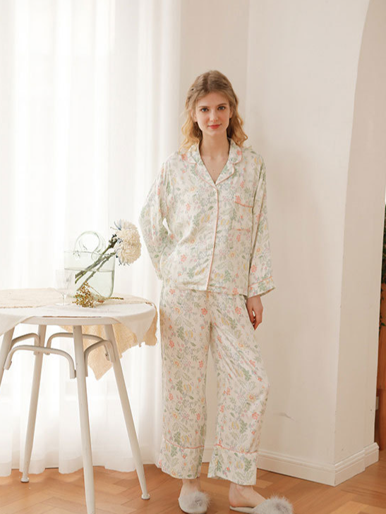 Elegant V Neck Floral Loose Long Sleeve Pajama Set