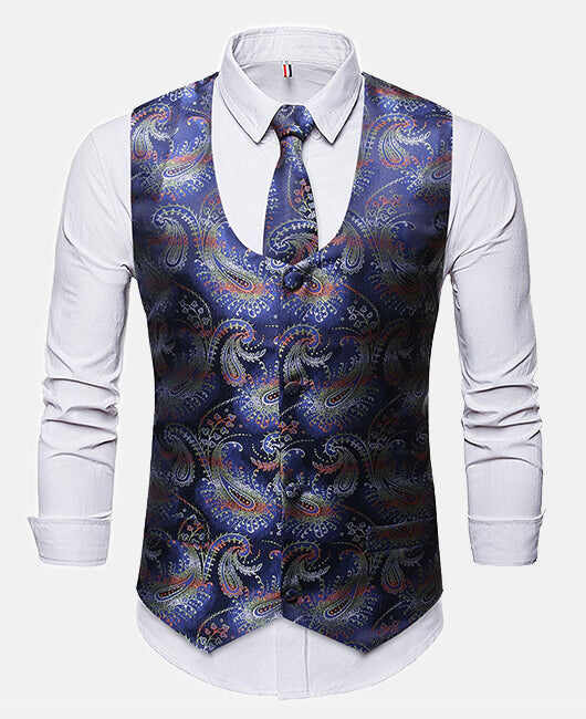 Fashiom Calico Single Breasted Blazer Vest & Tie & Pocket Square 3Ps Set