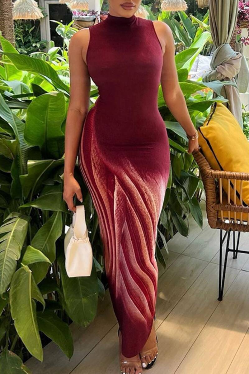 Deep Red Casual Print Basic Half A Turtleneck Long Dress Dresses