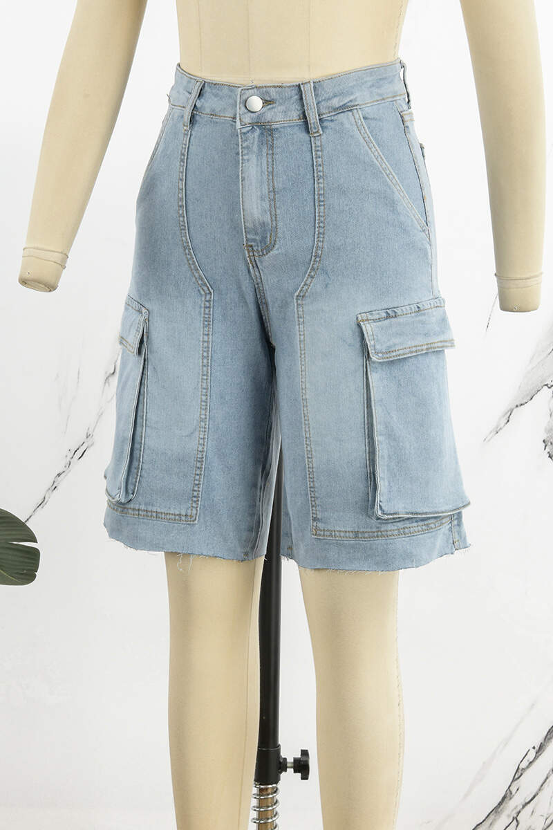 Light Blue Casual Solid Patchwork Pocket Buttons Zipper High Waist Straight Denim Shorts(No Belt)