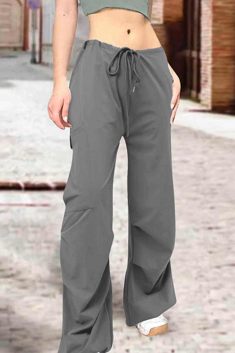 Grey Street Solid Patchwork Draw String Pocket Straight High Waist Straight Solid Color Bottoms