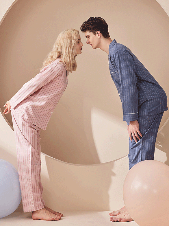 Simple Striped V Neck Regular Long Sleeve Cotton couple pajamas Set