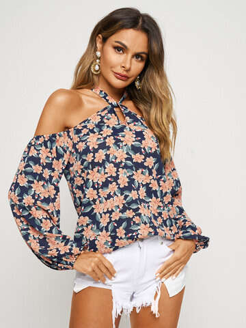 Women Blouses & Shirts | Floral Print Halter Cold Shoulder Long Sleeve Blouse - DG97954