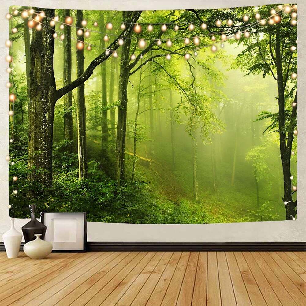 Landscape Tree Wall Tapestry Art Decor Misty Forest Nature Sunshine Through Tree