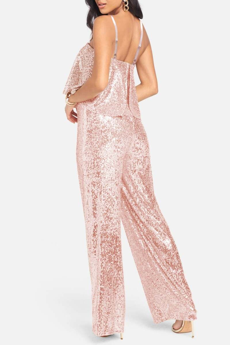 Pink Sexy Casual Patchwork Sequins Backless Spaghetti Strap Regular Jumpsuits