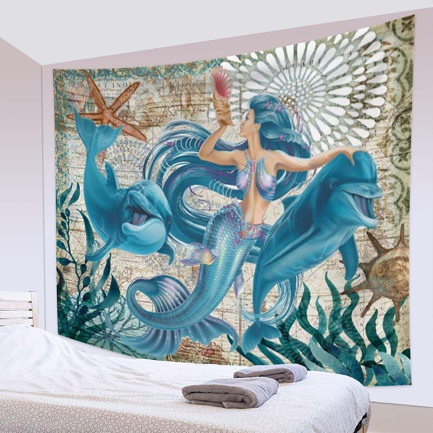 Cute Mermaid and Dolphin Wall Tapestry Art Decor