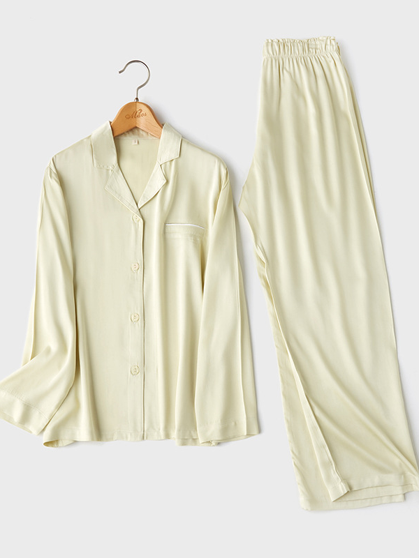 Shawl Collar Plain Elegant Long Sleeve Pajama Set